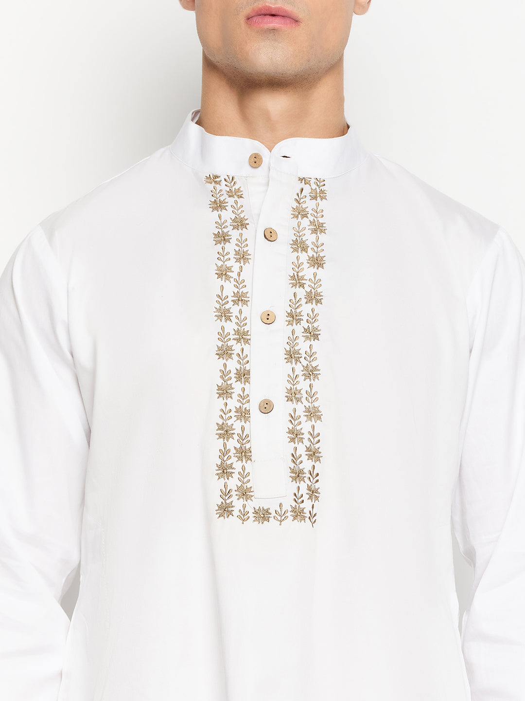 White Cotton Embroidery Details Men's Kurta Pajama Set