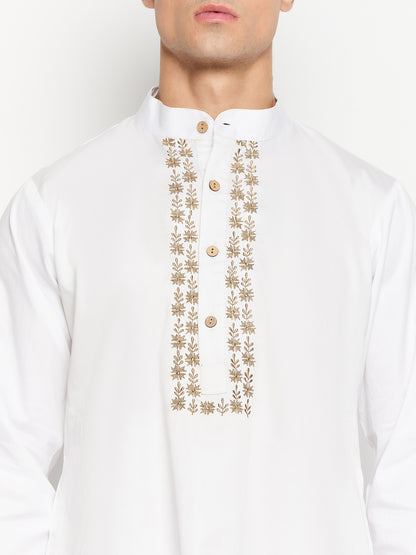 White Cotton Embroidery Details Men's Kurta Pajama Set