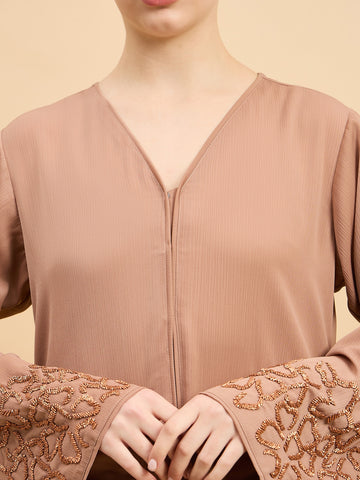 Modest Handworked Luxury Beige Abaya Burqa with Matching Hijab