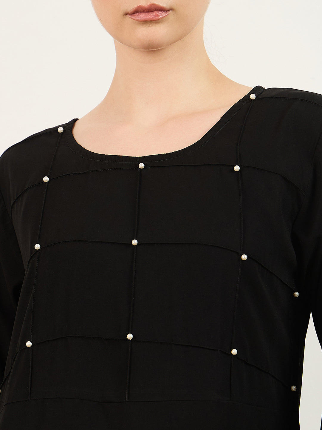 Nabia's Pearl design black Solid abaya burqa with Matching Georgette Hijab