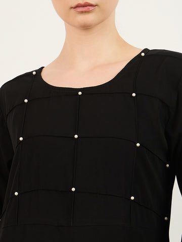 Nabia's Pearl design black Solid abaya burqa with Matching Georgette Hijab