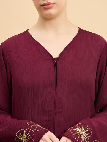 Modest Handworked Luxury Maroon Abaya Burqa with Beige Hijab