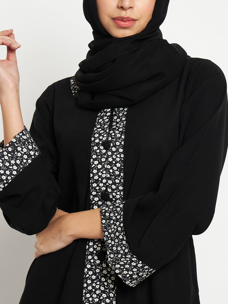 Nabia Black Solid A-line Abaya Burqa For Women With Black Georgette Scarf