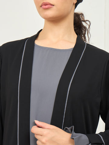 2 Piece Black and Grey Piping Detailing Shrug Set Abaya with Black Hijab for Women