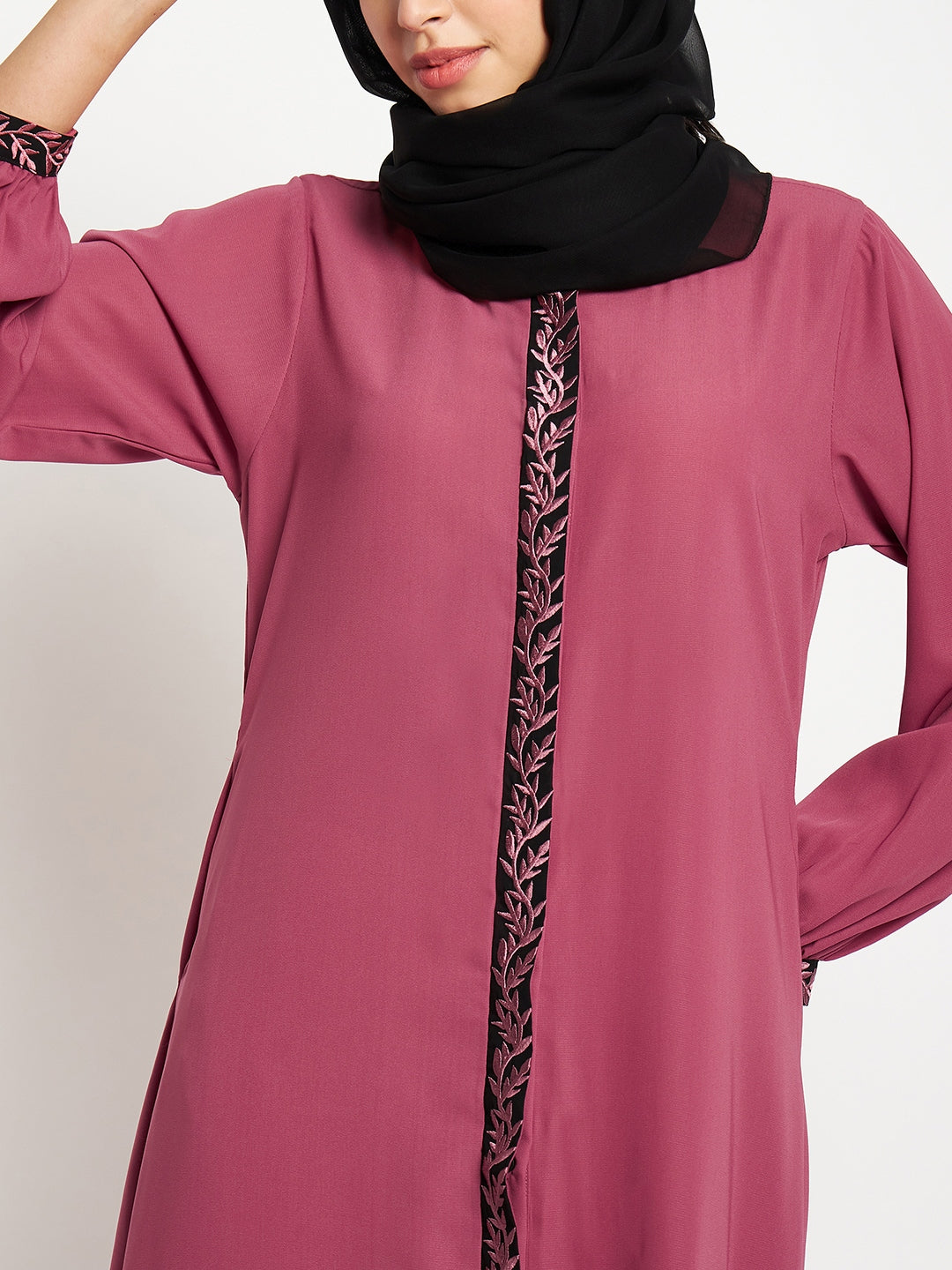 Nabia Embroidery Work Solid Pink Front Open Abaya Burqa For Women With Black Scarf