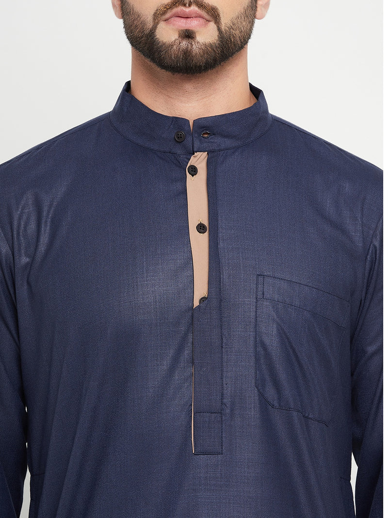 Nabia Blue Solid Mens Band Collar Thobe / Jubba with Beige Piping Design