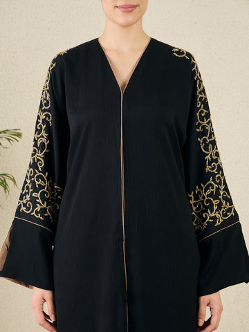 Front Open Black Embroidered Abaya with black hijab