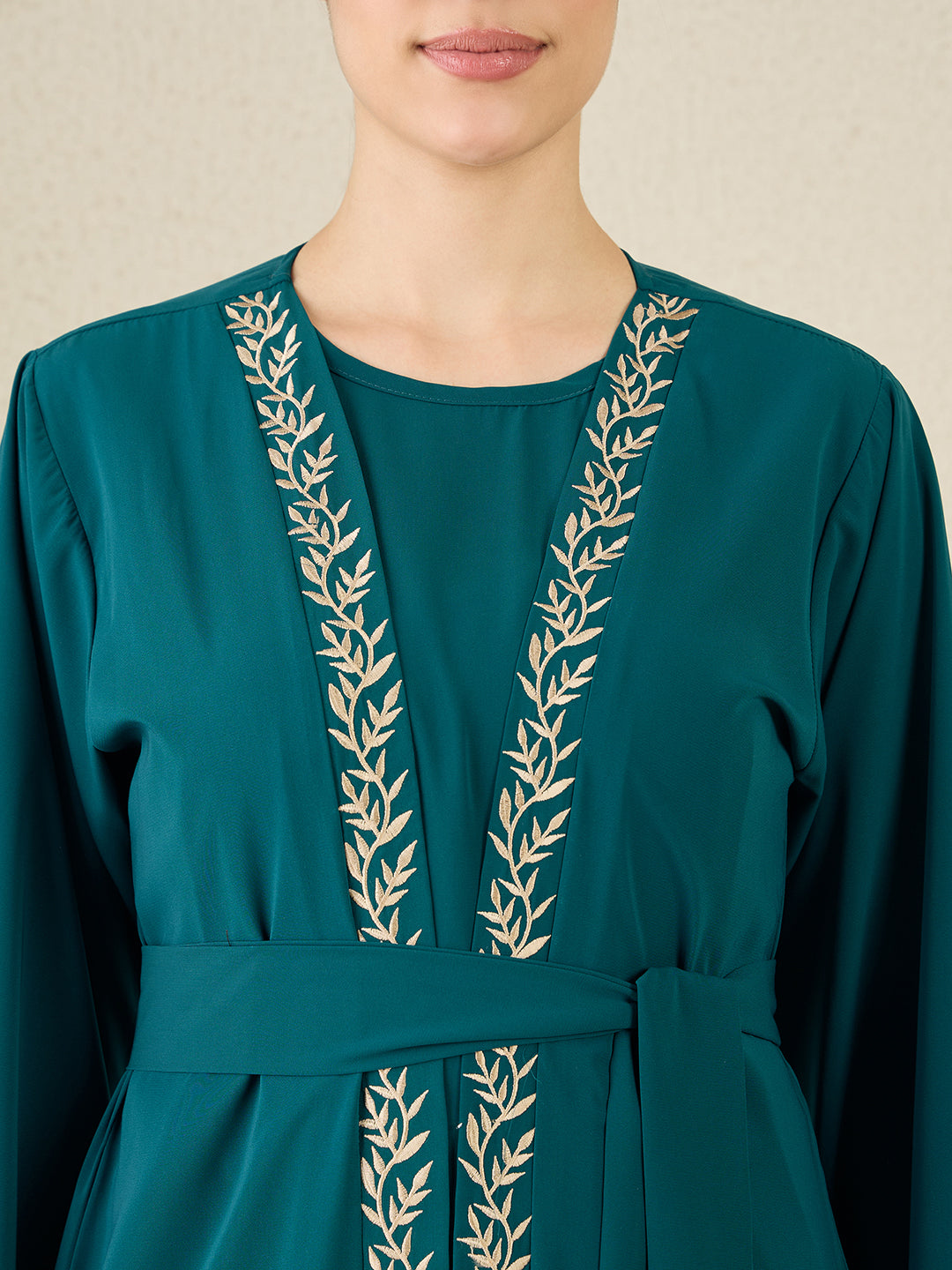 2 Piece Embroidered Green Shrug Set Abaya with Black Hijab