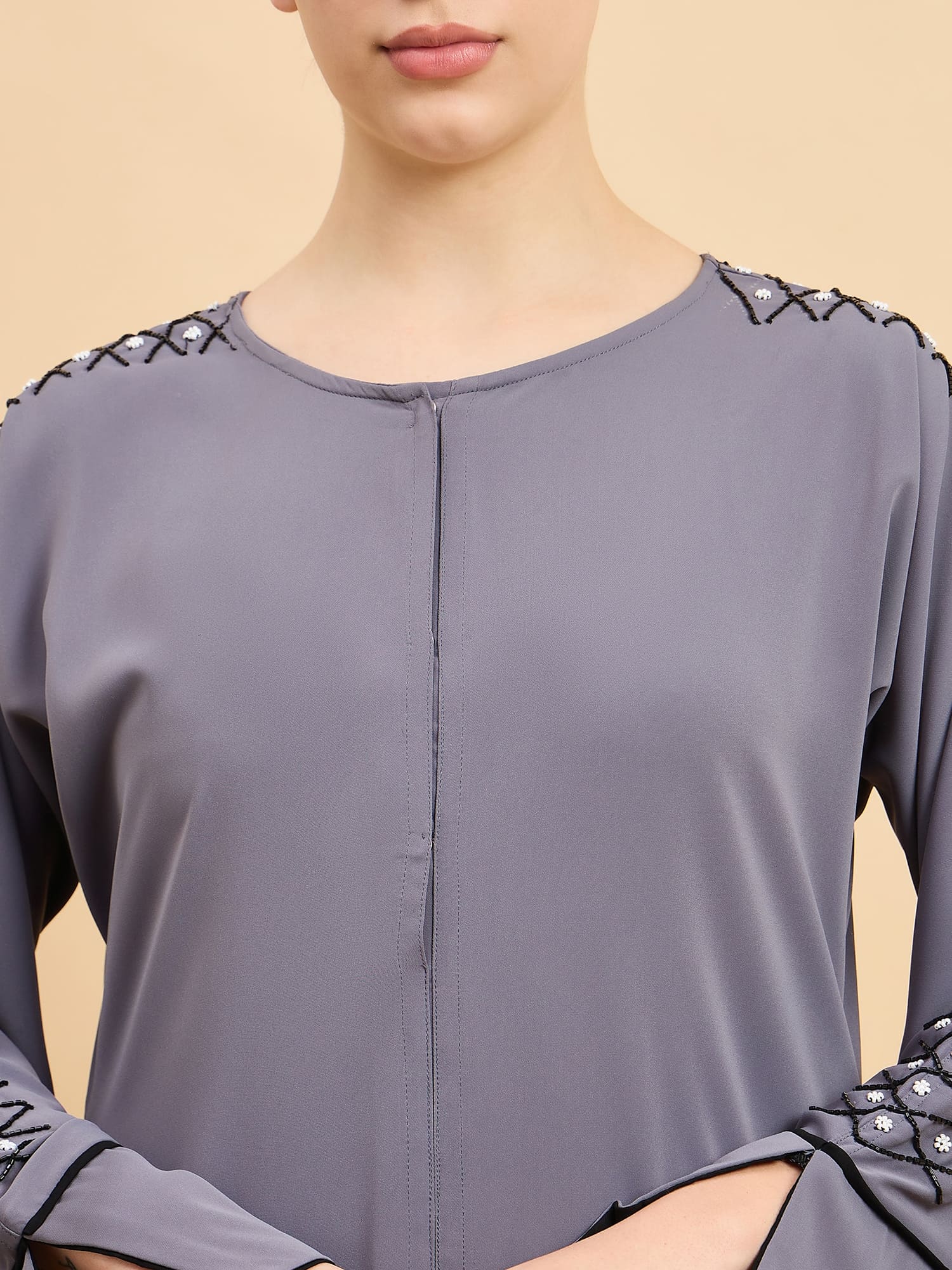 Modest Luxury Handworked Grey Abaya with Black Georgette Hijab