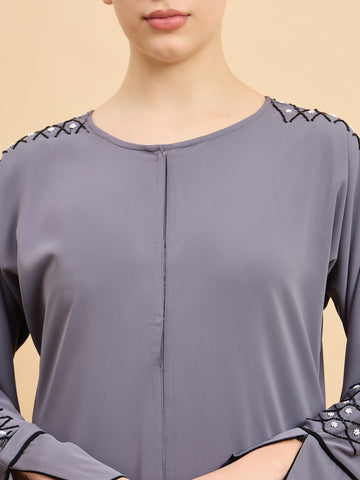 Modest Luxury Handworked Grey Abaya with Black Georgette Hijab