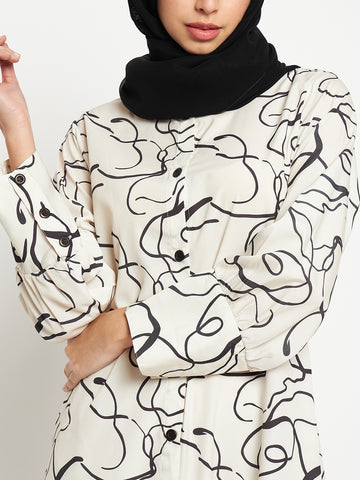 Nabia Women White Front Open printed Crepe Fabric Abaya Burqa With Georgette Scarf