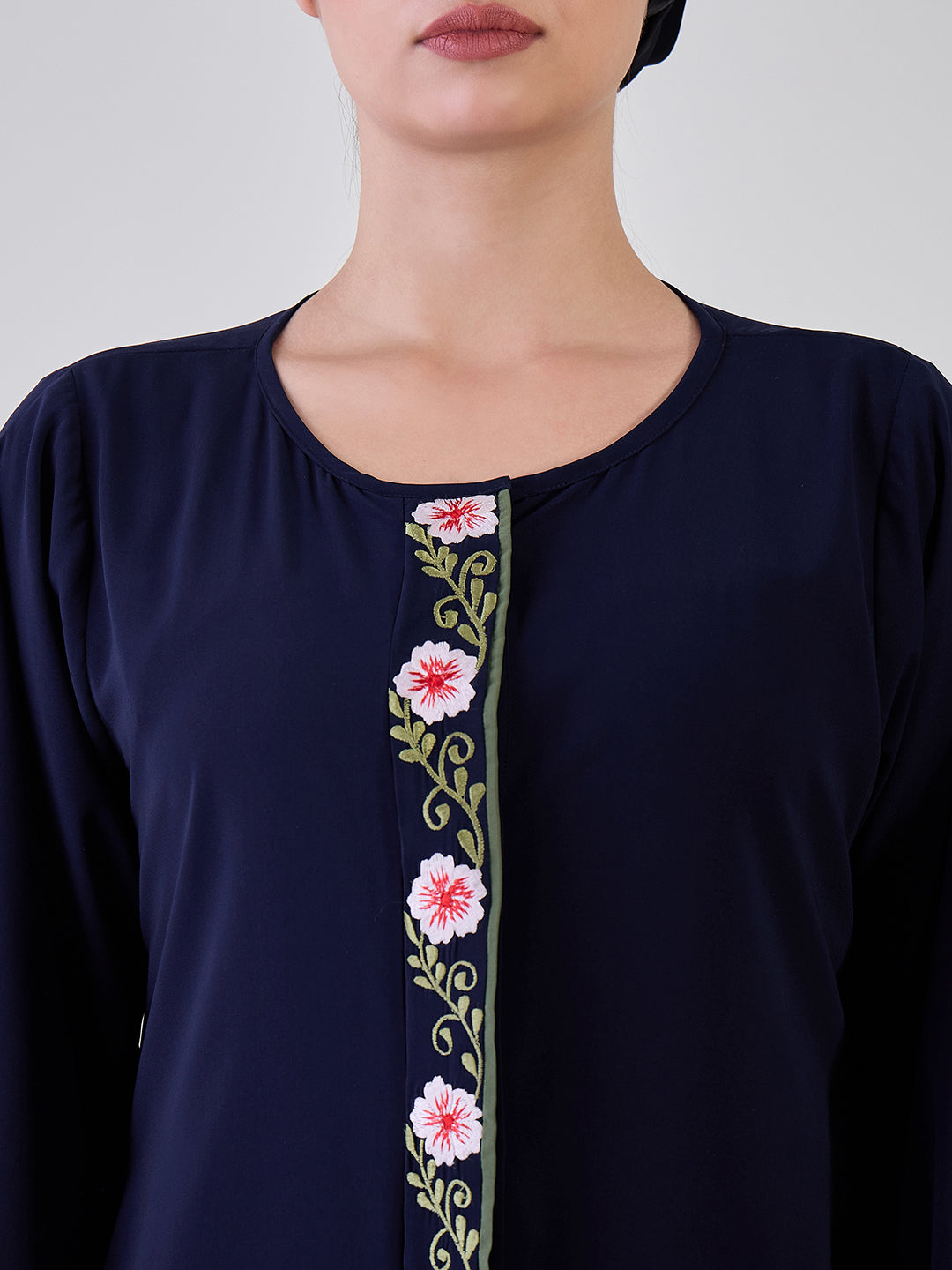 Nabia Front Open Embroidery Blue Abaya with Black Georgette Hijab