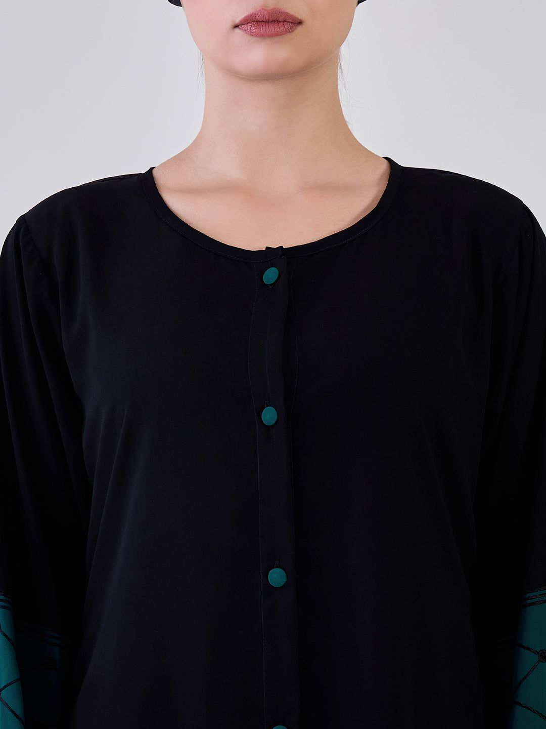 Nabia Kefiyyeh Embroidery Black Front Open Abaya with Black Georgette Hijab