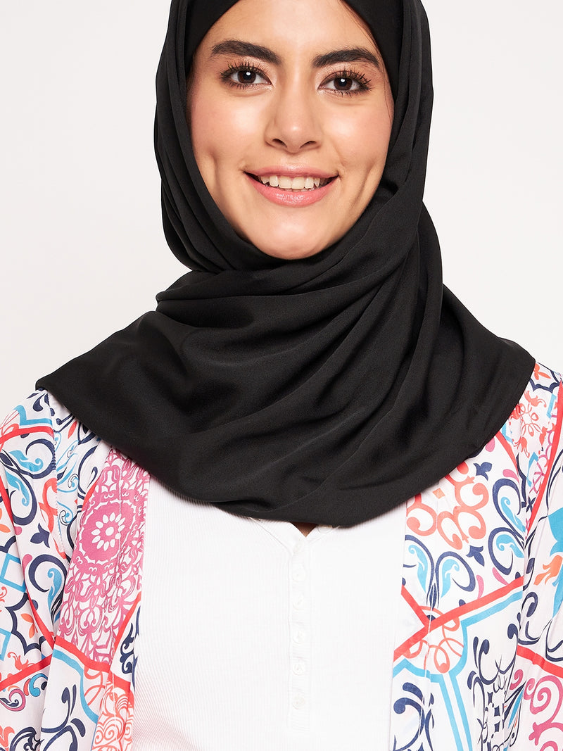 Nabia Women Multicolor Printed Front Open Shrug Abaya with Black Scarf