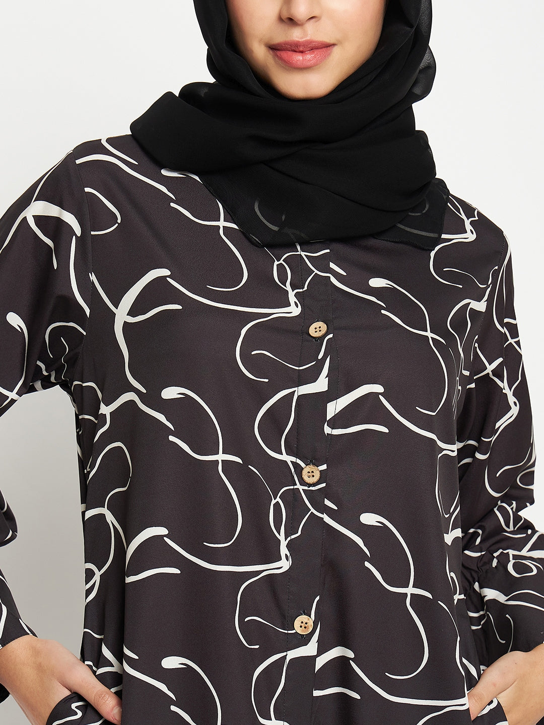 Black Front Open printed Abaya with Georgette Scarf