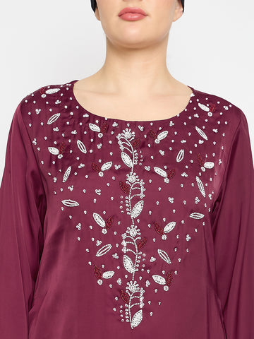 Hand Work Detailing Maroon Solid Luxury Abaya Burqa For Women With Black Georgette Hijab