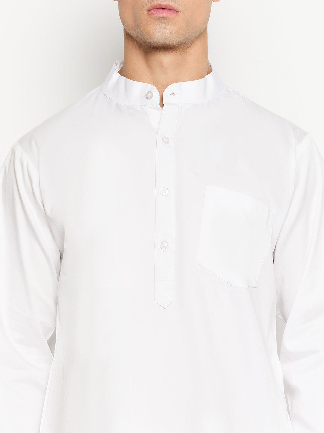 Cotton Fabric White Solid Kurta Pajama Set For Men