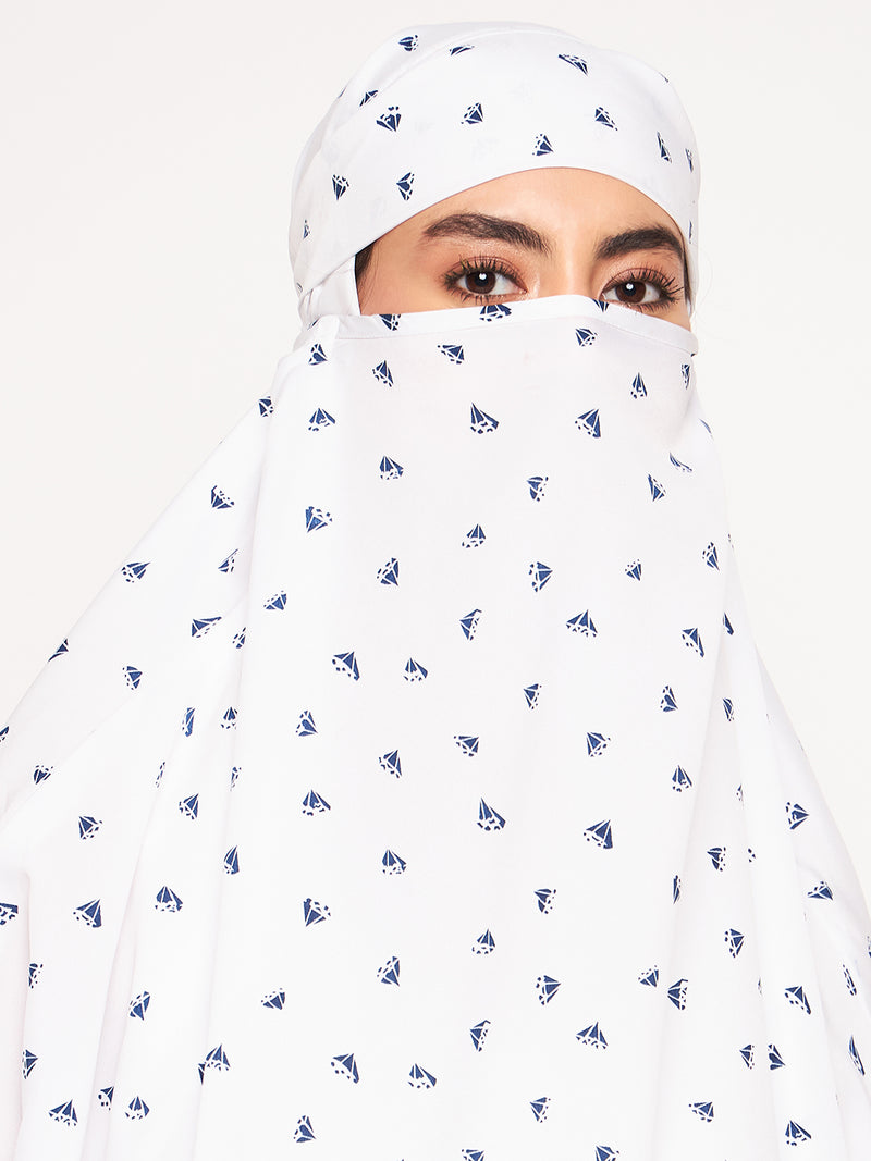 Nabia White Printed Free Size Adjustable Nosepiece Jilbab Abaya for Girls and Women