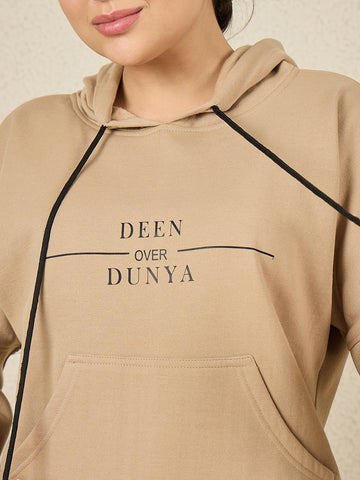 Women's Modest Beige Fleece Deen Over Dunya Winter Hoodie