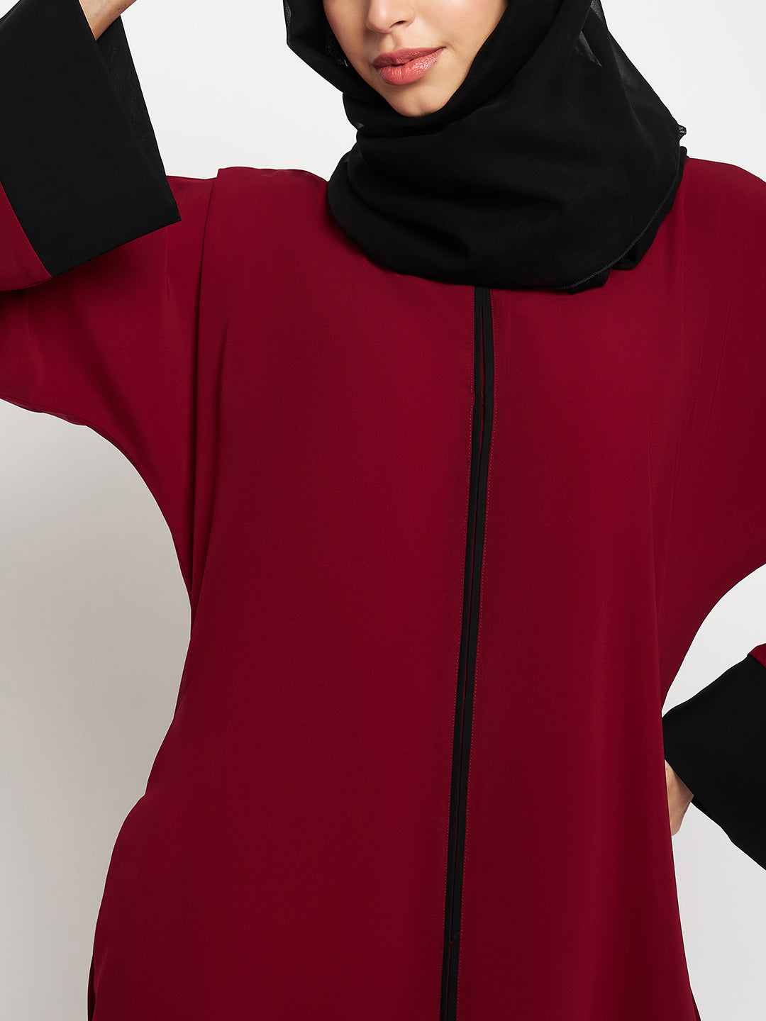 Nabia Women Maroon and Black Solid  A-line Abaya Burqa With Black Scarf