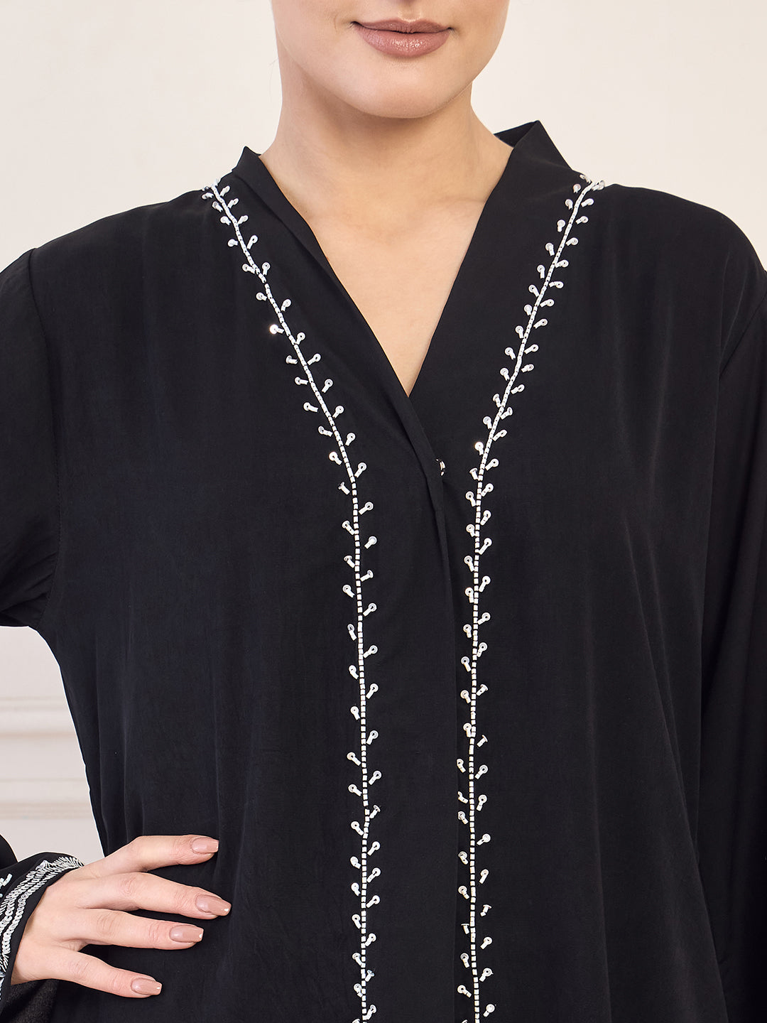 Nabia Black Handwork  Front Open Abaya for Women with Black Hijab