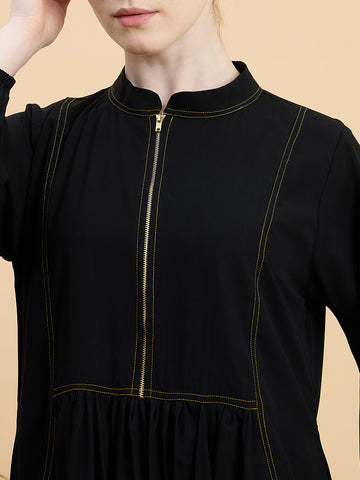 Black Solid Zip Abaya Burqa with Black Georgette Hijab