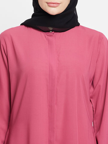 Nabia Pink Nida Mate Fabric Front Open  Abaya With Georgette Scarf