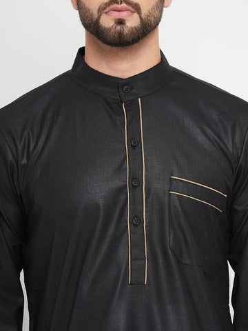 Nabia Black Solid Mens Thobe / Jubba with Beige Piping Design