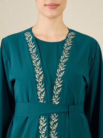 2 Piece Embroidered Green Shrug Set Abaya with Matching Hijab