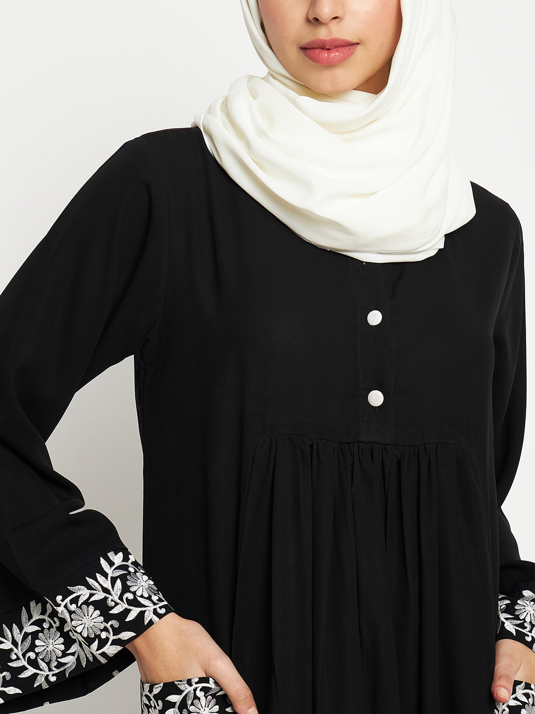 Nabia Embroidery Work Solid Black Abaya Burqa For Women With Black Scarf