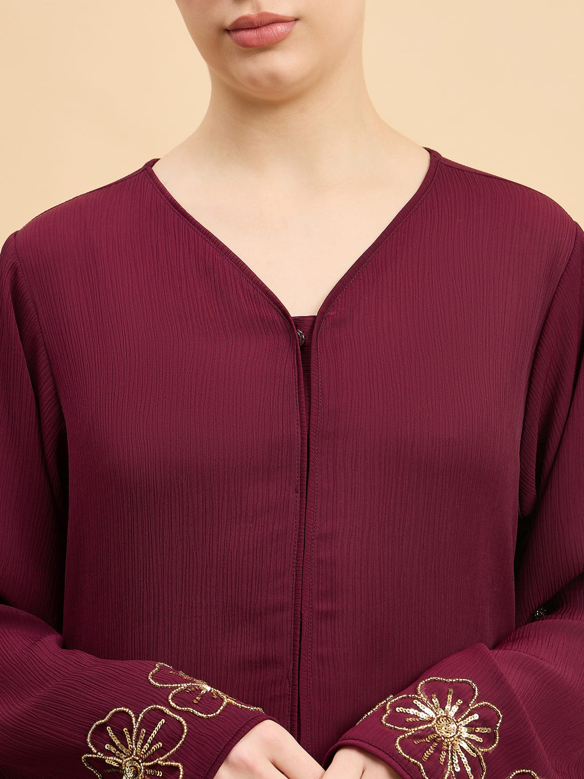 Modest Handworked Luxury Maroon Abaya Burqa with Beige Hijab