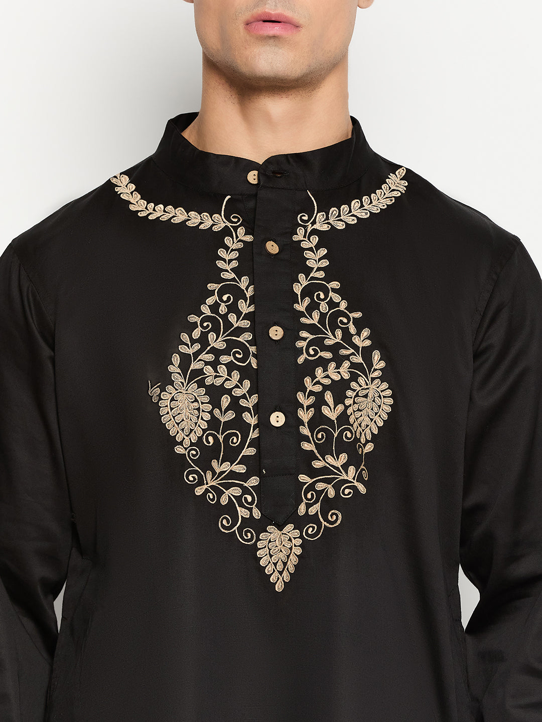 Embroidery Black Kurta and White Pajama Set