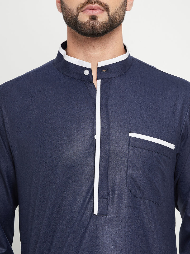 Nabia Blue Solid Mens Straight Sleeves Thobe / Jubba with White Piping Design
