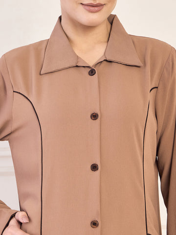 Nabia Rust Solid Front Open Coat Abaya Burqa For Women With Black Georgette Hijab