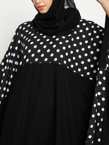 Nabia Black and White Polka Dot Printed Women Kaftan Abaya Burqa With Black Scarf