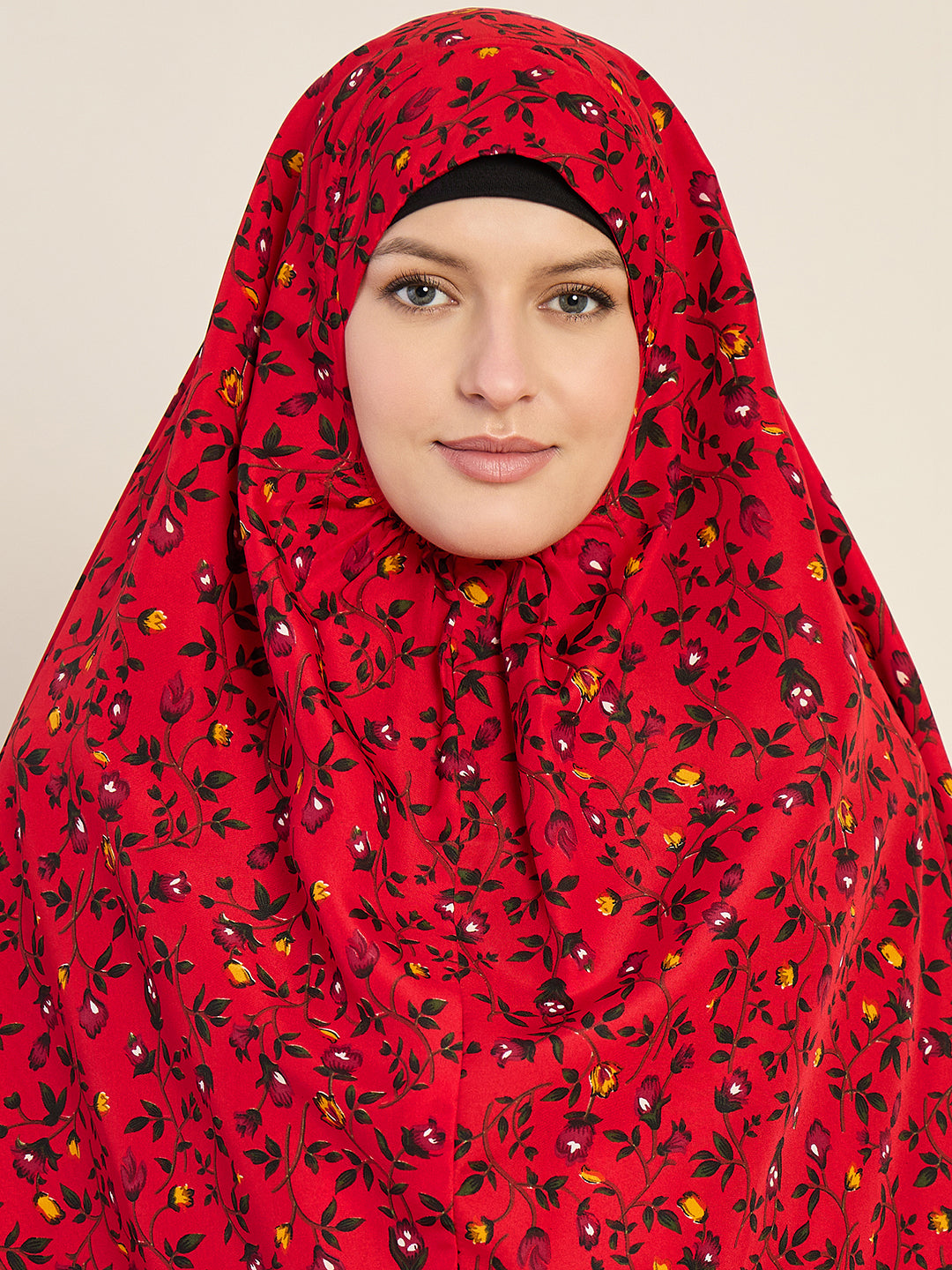 Nabia Red Printed Free Size Prayer Khimar