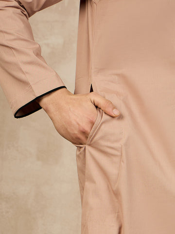 Nabia Beige Solid Piping Detailing Cotton Jubba / Thobe For Men