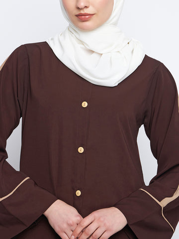 Nabia Front Open Solid Beige Piping Design Brown Abaya Burqa With Black Scarf