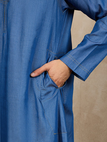 Nabia Blue Solid Zip Closure Denim Jubba / Thobe For Men