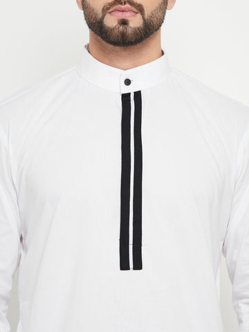 Nabia White Solid Band Collar Thobe / Jubba For Men with Black Piping Design