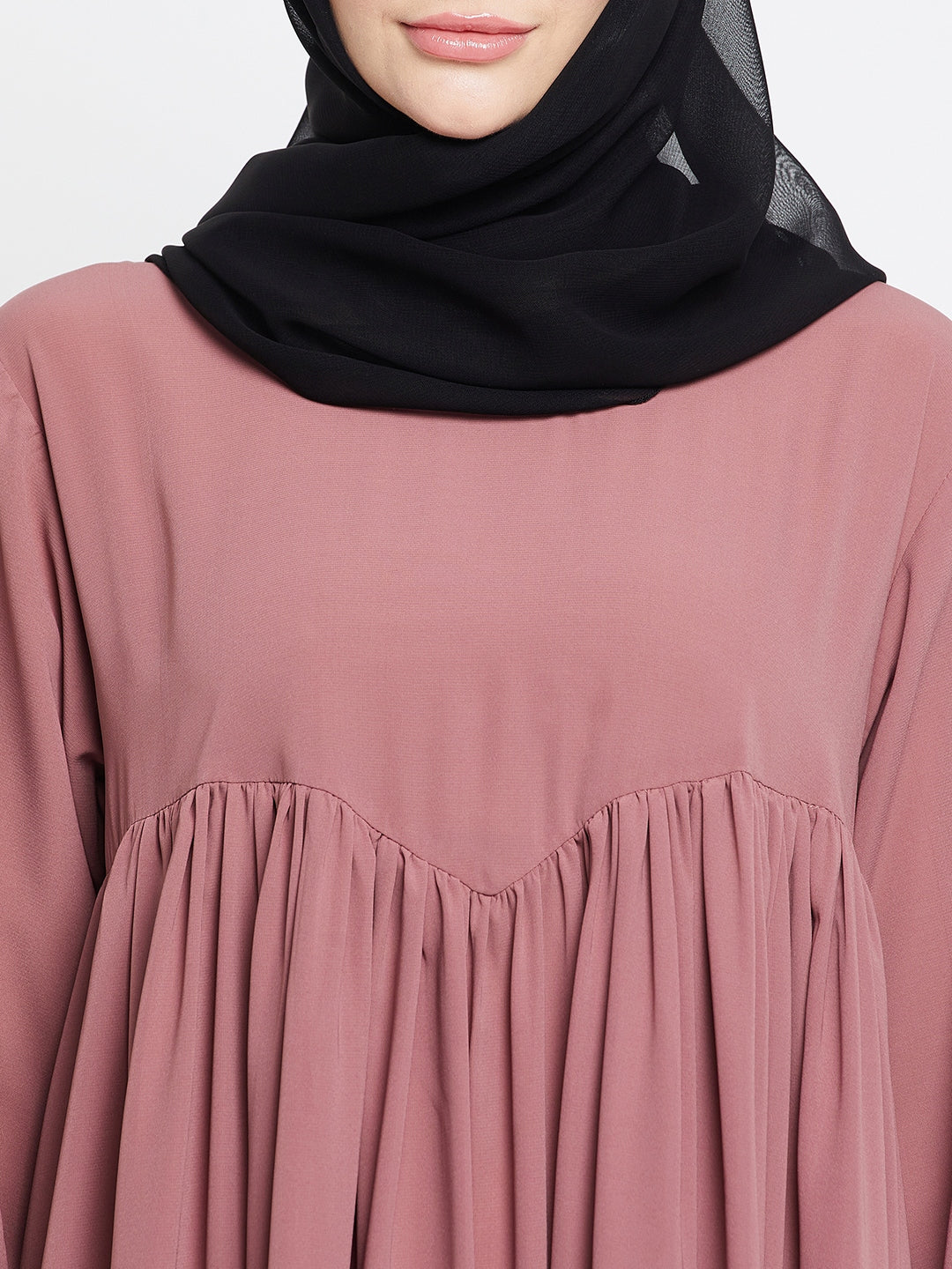 Fuce Pink Solid A-line Abaya with Black Georgette Scarf