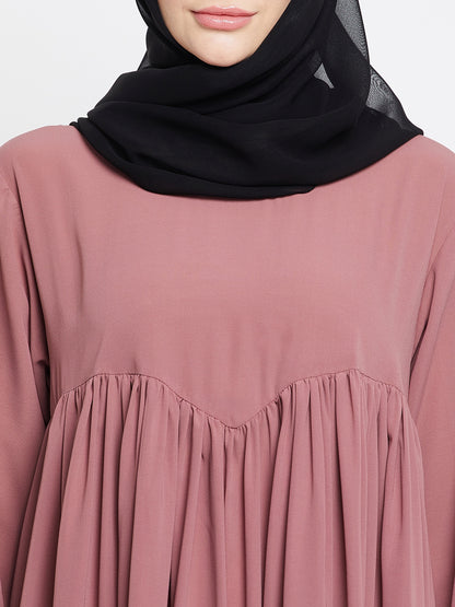 Fuce Pink Solid A-line Abaya with Black Georgette Scarf
