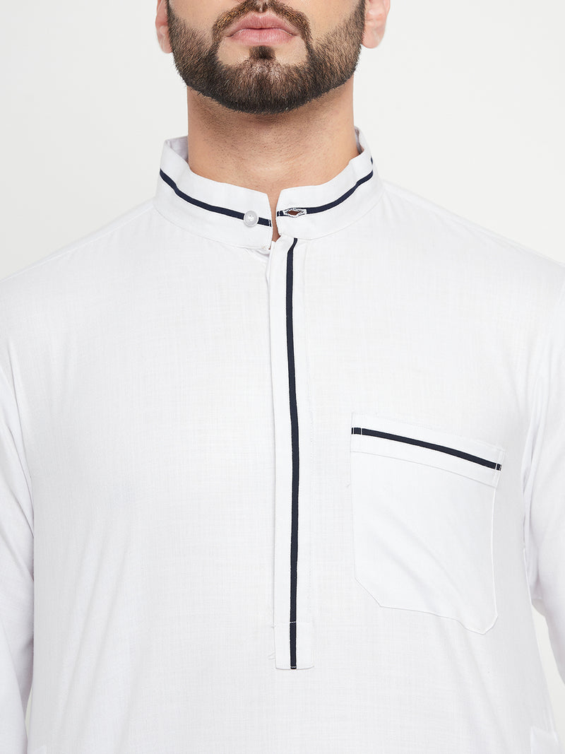 Nabia White Solid Mens Band Collar Thobe / Jubba with Blue Piping Design