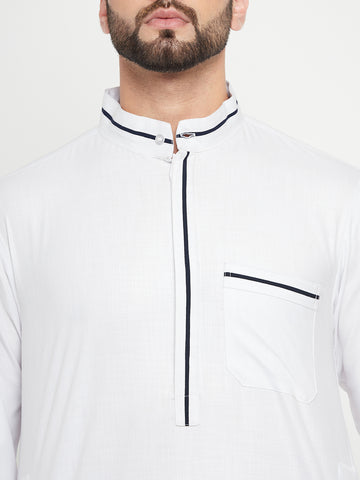 Nabia White Solid Mens Band Collar Thobe / Jubba with Blue Piping Design