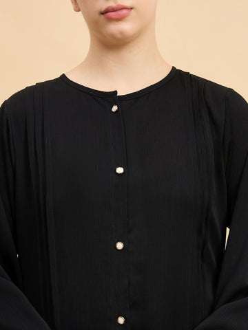 Black Solid Modest Front Open Abaya Burqa with Black Georgette Hijab