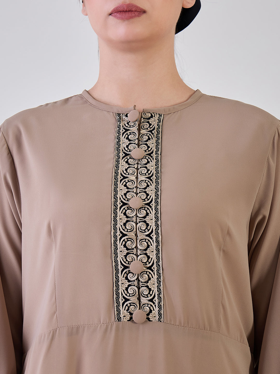 Nabia Embroidery Beige Abaya with Black Georgette Hijab