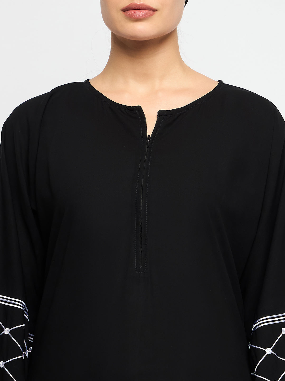 Nabia Kefiyyeh Embroidery Front Zip Closure Black Abaya Burqa With Black Scarf