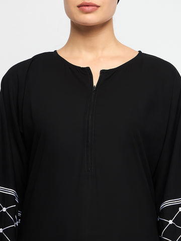 Nabia Kefiyyeh Embroidery Front Zip Closure Black Abaya Burqa With Black Scarf