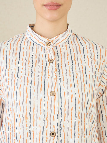 Striped Printed Front Open Abaya with Black Georgette Scarf