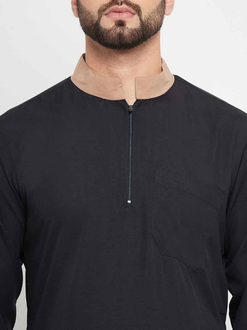 Nabia Black Solid Mens Zip Closure Thobe / Jubba with Beige Piping Design